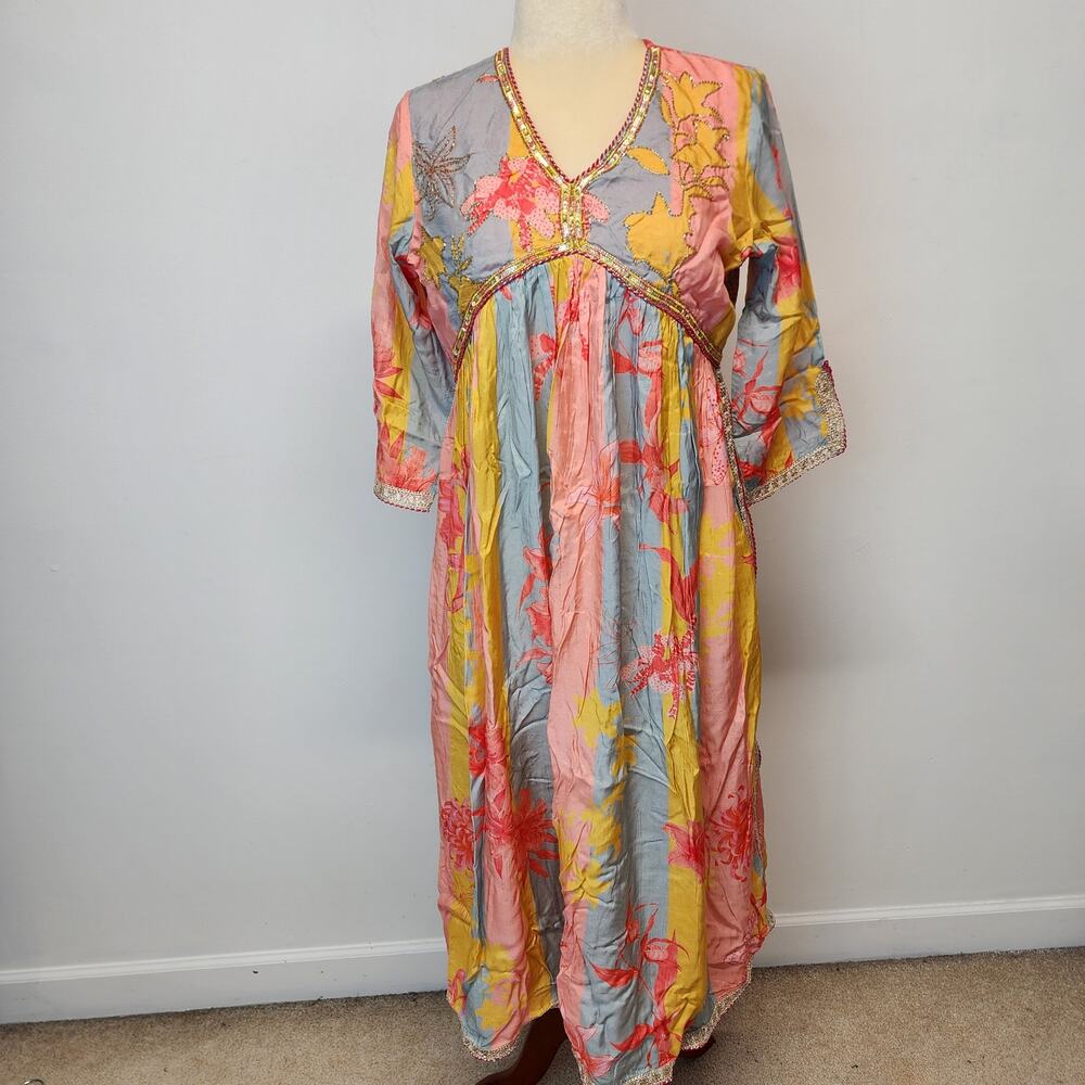 Bairaas Womens Beaded Floral Kurta Size 42 XXL Silky Chikankari Sari Indira